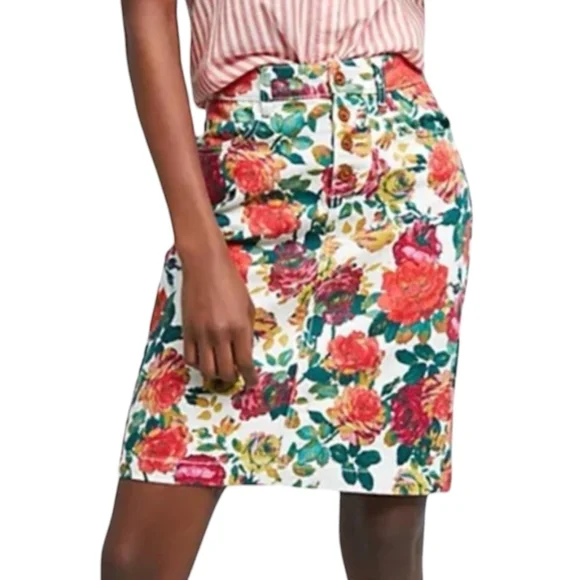 Maeve by Anthropologie Denim Skirt Rose Floral Pockets Button Fly Stretch Size 8 - Picture 1 of 9